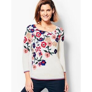 TALBOTS 1XP Cascading Botanicals Sweater 3/4 Sleeve‎ Lightweight White & Floral